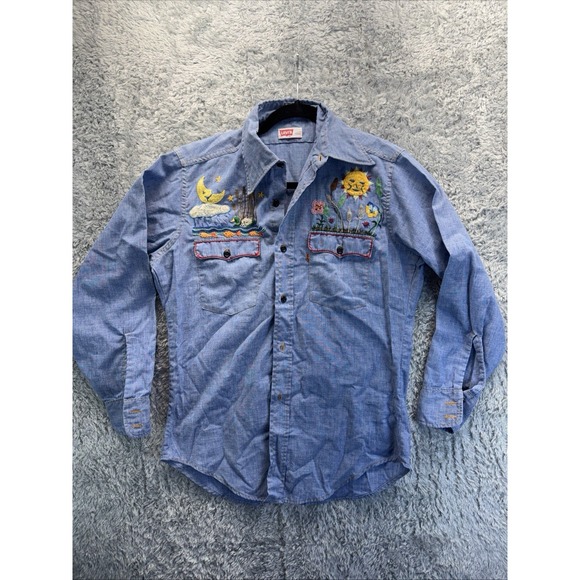 Vtg 70s Levi's Orange Tab Embroidered Chambray Shirt - Front & Back Floral Sun - Picture 2 of 12